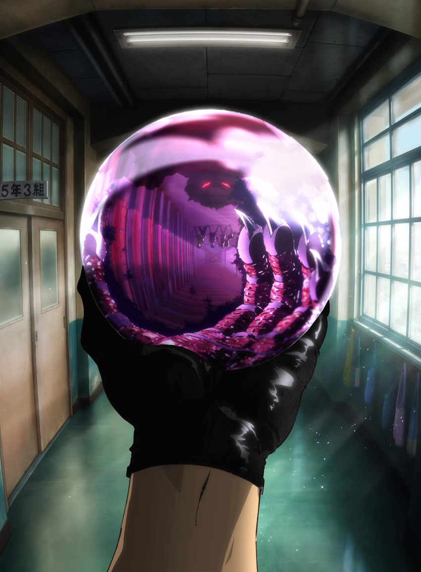 2girls 3boys absurdres ball black_gloves claws crystal_ball gloves hallway highres holding holding_ball interior jigoku_sensei_nube key_visual multiple_boys multiple_girls nueno_meisuke official_art pov pov_hands promotional_art school sliding_doors sunlight window