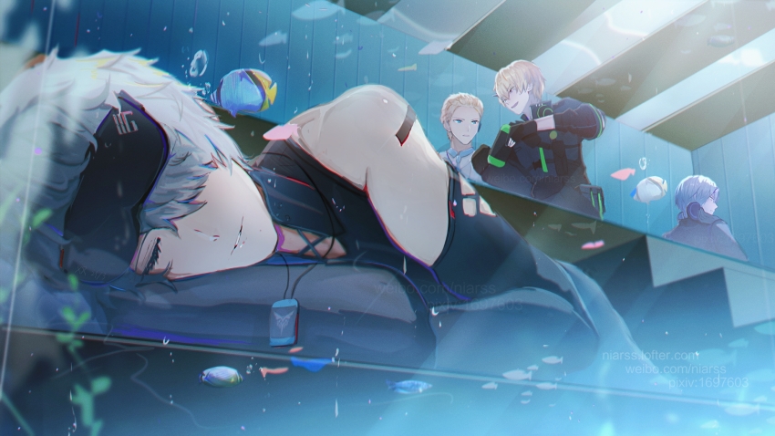 4boys adjusting_headphones air_bubble alternate_costume black_gloves black_jumpsuit blonde_hair blue_eyes blue_necktie bubble camu_(pgr) chinese_commentary chrome_(pgr) closed_eyes collared_shirt commentary detached_sleeves dog_tags gloves grey_hair hair_between_eyes hair_over_one_eye handheld_game_console headphones headphones_around_neck highres indoors jumpsuit kamui:_bastion_(pgr) kamui_(pgr) lofter_username male_focus mole mole_under_mouth multiple_boys necktie niarss one_eye_covered partially_fingerless_gloves pillow pixiv_id punishing:_gray_raven shirt short_hair simple_fish sleep_mask sleeping sleeveless sleeveless_shirt stairs tropical_fish wanshi_(pgr) watermark weibo_watermark white_hair yellow_eyes