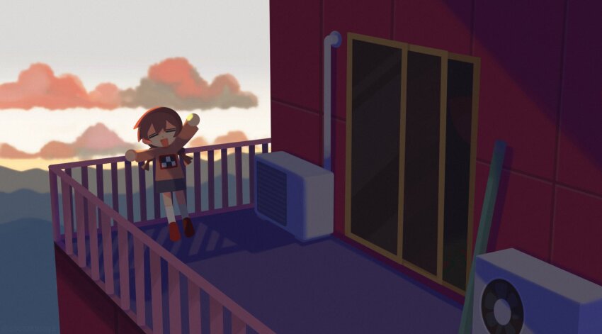 1girl arm_up balcony closed_eyes highres madotsuki morning railing standing suyazzz_(soyoyon) yume_nikki