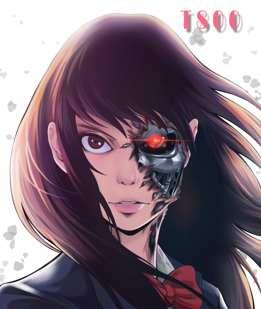 1girl brown_eyes brown_hair cyborg damaged glowing glowing_eye highres looking_at_viewer mechabare original red_eyes robot school_uniform solo terminator_(series) the_terminator to-ru