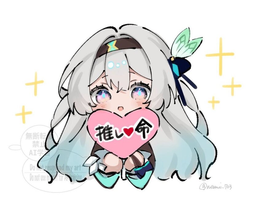 1girl artist_name blue_pupils blush firefly_(honkai:_star_rail) hair_between_eyes hair_ornament hair_ribbon heart holding holding_heart honkai:_star_rail honkai_(series) looking_at_viewer memi_58 multicolored_eyes ribbon simple_background solo sparkle star_(symbol) twitter_username watermark white_background