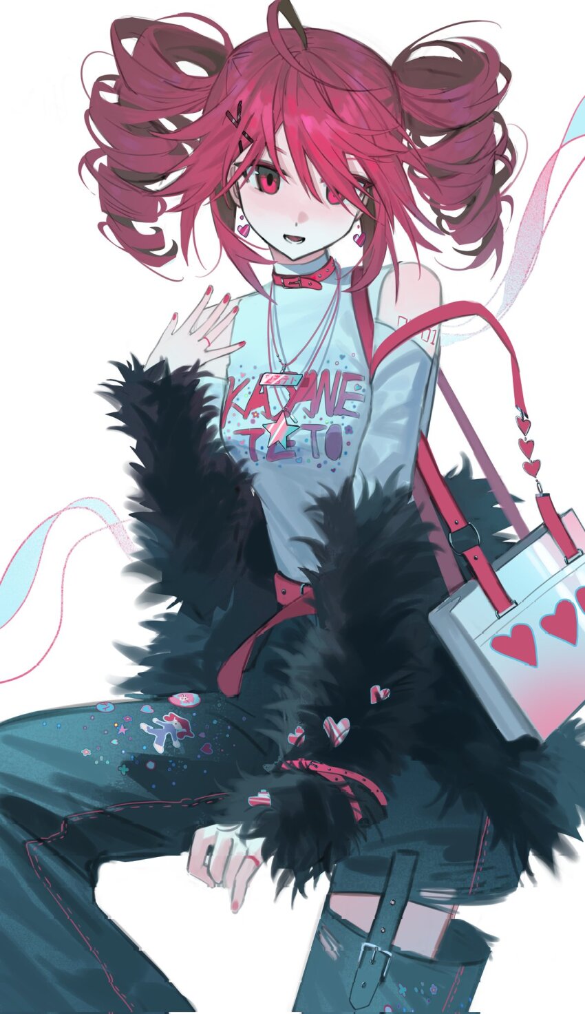 1girl blush drill_hair earrings hashtag-only_commentary heart heart_earrings highres jewelry kasane_teto looking_at_viewer lower_teeth_only madoka066 number_tattoo open_mouth red_eyes red_hair red_nails ring shirt sitting solo tattoo teeth twin_drills utau white_background white_shirt