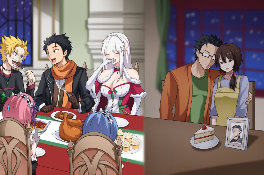 3boys 4girls absurdres apron black_hair blonde_hair blue_hair brown_eyes butler cake cake_slice christmas christmas_tree cupcake dinner eating elf emilia_(re:zero) father_and_son food fork garfiel_tinsel glasses green_eyes hair_between_eyes hair_ornament highres husband_and_wife jewelry laughing long_hair maid maid_headdress meat meowdeer mother_and_son multiple_boys multiple_girls natsuki_kenichi natsuki_naoko natsuki_subaru necklace photo_(object) pink_hair pointy_ears ram_(re:zero) re:zero_kara_hajimeru_isekai_seikatsu rem_(re:zero) roswaal_mansion_maid_uniform sad santa_costume scar scar_on_face scarf shirt short_hair side_ponytail snow tears turkey_(food) white_shirt