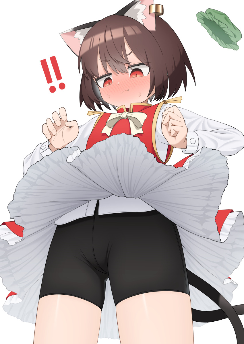 ! !! 1girl absurdres accidental_exposure animal_ears asakura_haru bike_shorts bike_shorts_under_skirt black_shorts blush brown_hair cat_ears cat_tail chen closed_mouth clothes_lift commentary_request cowboy_shot crotch_seam fang fang_out from_below full-face_blush hat highres long_sleeves looking_down multiple_tails red_eyes shirt short_hair short_shorts shorts simple_background skirt skirt_lift solo surprised sweatdrop tail touhou two_tails unworn_hat unworn_headwear v-shaped_eyebrows white_background white_shirt