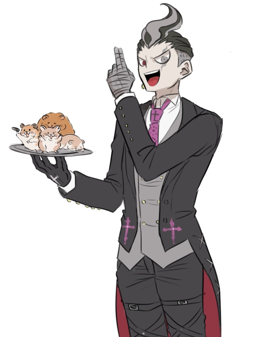 1boy animal bandaged_hand bandages black_hair black_jacket black_pants butler buttons cham-p collared_shirt cowboy_shot danganronpa_(series) danganronpa_2:_goodbye_despair double-breasted earrings grey_background grey_eyes grey_hair grey_vest hamster hato_ya_ma highres jacket jewelry jum-p maga-g multicolored_hair necktie open_clothes open_jacket pants pink_necktie red_eyes red_jacket shirt short_hair simple_background solo sun-d tailcoat tanaka_gundham teeth tongue two-tone_hair upper_teeth_only vest white_shirt