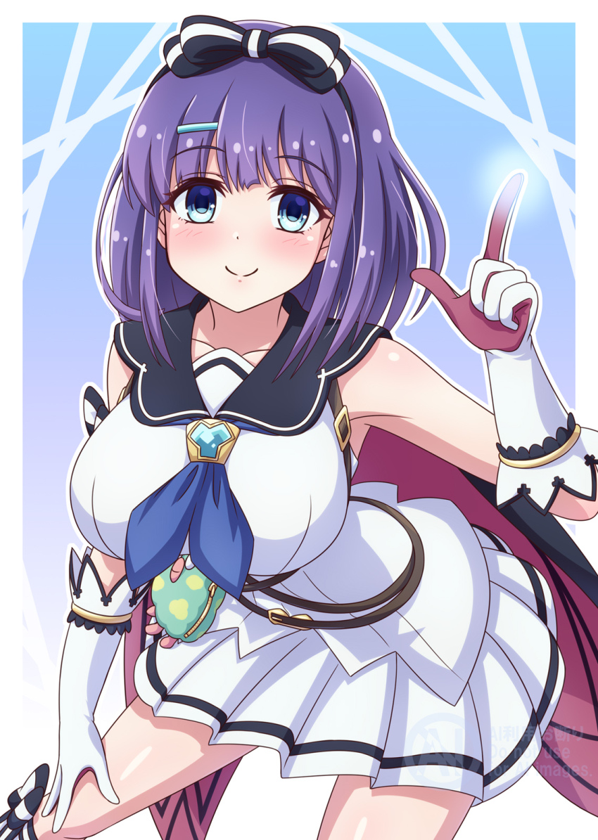 1girl ascot black_hairband black_sailor_collar blue_ascot blue_eyes bow breasts closed_mouth gloves hair_bow hairband highres index_finger_raised large_breasts medium_hair misora_(princess_connect!) pleated_skirt princess_connect! purple_hair sailor_collar shirt skirt sleeveless sleeveless_shirt smile solo white_gloves white_shirt white_skirt yosuzu