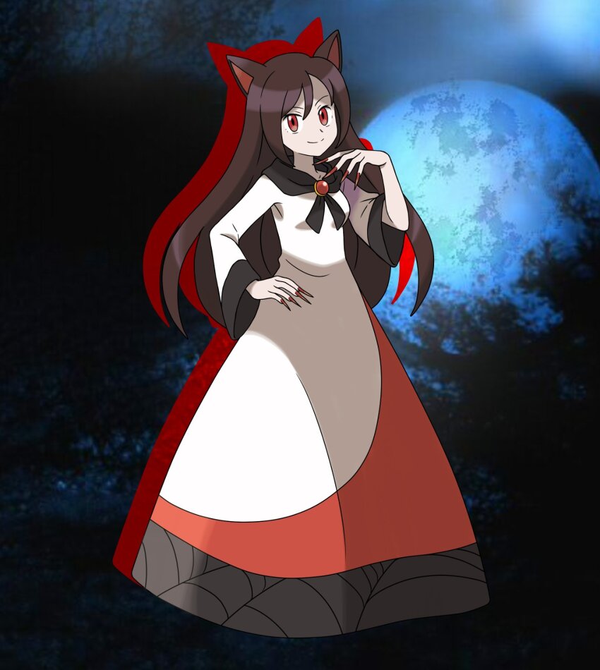 1girl animal_ears asatsuki_(fgfff) blue_moon brooch brown_hair dress fingernails full_body full_moon hair_between_eyes hand_on_own_hip highres imaizumi_kagerou jewelry long_hair long_sleeves looking_at_viewer moon multicolored_dress print_dress puffy_long_sleeves puffy_sleeves red_eyes red_nails sharp_fingernails smile solo touhou wolf_ears wolf_girl