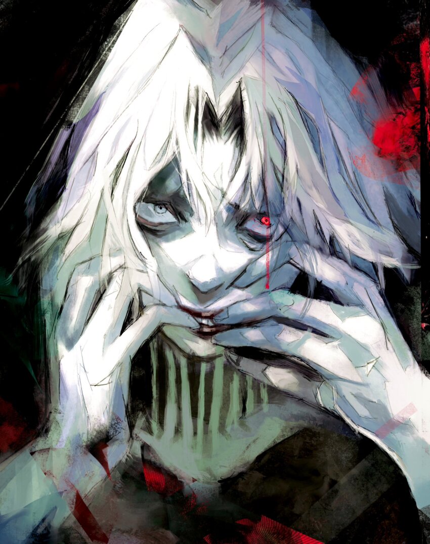 1boy black_cloak black_lips cloak close-up finger_in_own_mouth hand_in_mouth heterochromia highres hood hooded_cloak hooded_robe lips looking_at_viewer male_focus red_eyes robe shaded_face shadow short_hair solo takizawa_seidou teeth tokyo_ghoul tokyo_ghoul:re white_hair xa8uofivf2mcart