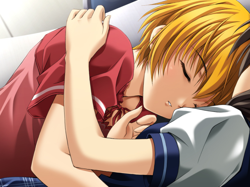 2girls 5pb. black_hair blonde_hair close-up closed_eyes cuddling dutch_angle ever_17 game_cg girl_on_top hug lying matsunaga_sara multiple_girls on_back on_stomach orange_hair plaid_clothes plaid_skirt raglan_sleeves ribbon short_hair skirt sleeping takigawa_yuu tanaka_yubiseiakikana you yuri