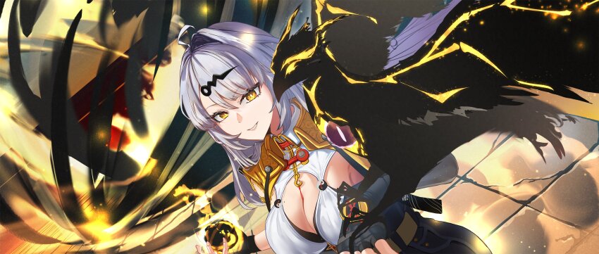 1girl absurdres ahoge bird black_bird breasts cleavage fingerless_gloves gloves hair_ornament harukimatsui_25 highres jacket large_breasts long_hair mole mole_on_chest open_clothes open_jacket single_hair_intake smile upper_body vest white_hair yellow_eyes yellow_jacket yellow_vest yi_xuan_(zenless_zone_zero) yin_yang_pin zenless_zone_zero