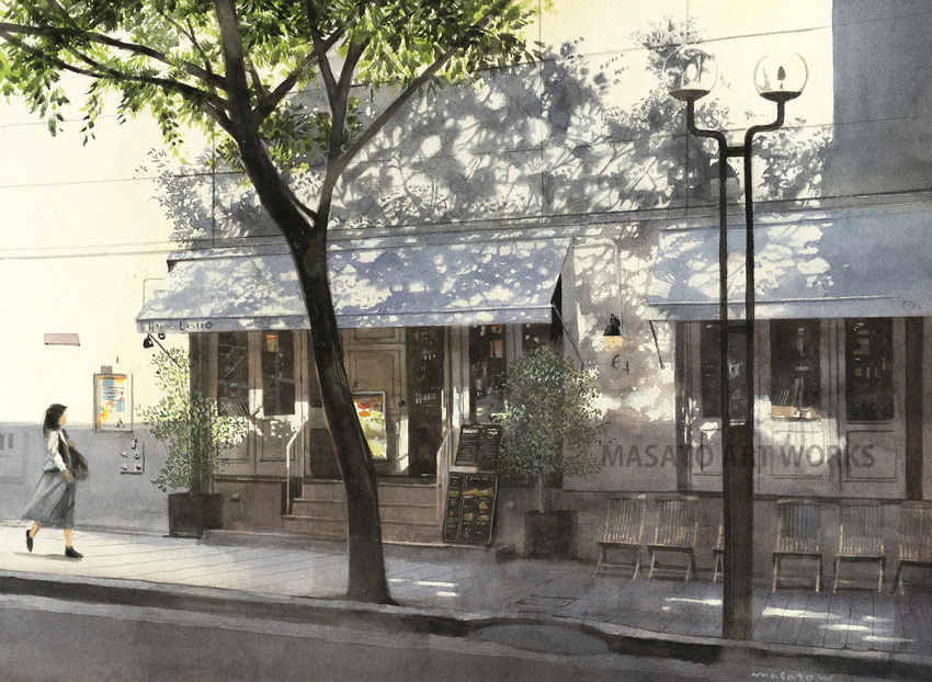 1girl artist_name awning black_shoes building chair commentary_request dappled_sunlight day door lamp long_hair menu_board original outdoors painting_(medium) plant potted_plant scenery shadow shirt shoes sidewalk skirt solo sunlight traditional_media tree walking watanabe_masato watercolor_(medium) wide_shot window