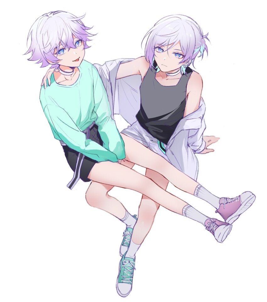 2boys aqua_hair black_shorts black_tank_top brothers choker cozmez_(paradox_live) green_shirt grey_jacket grey_shorts highres jacket jacket_partially_removed looking_at_viewer looking_up male_focus medium_hair multiple_boys nyamnyam0502 paradox_live purple_eyes purple_hair shirt short_hair shorts siblings tank_top twins white_choker yatonokami_kanata yatonokami_nayuta