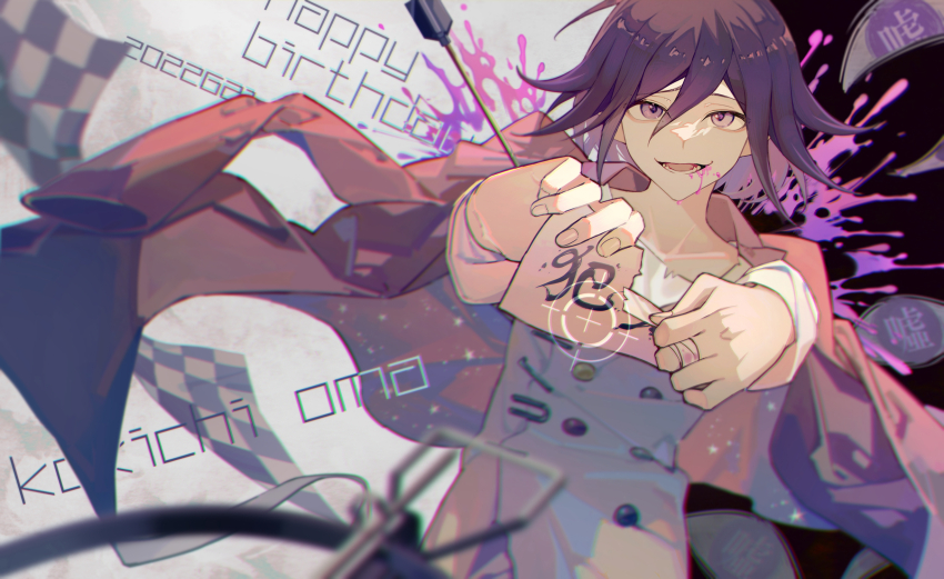 1boy arrow_(projectile) arrow_in_body bandaged_fingers bandages blood blood_drip blood_from_mouth blood_splatter blurry buttons character_name commentary danganronpa_(series) danganronpa_v3:_killing_harmony dated depth_of_field flipped_hair foreshortening hair_between_eyes happy_birthday highres injury jacket jacket_on_shoulders looking_at_viewer male_focus multicolored_buttons no_scarf oma_kokichi open_mouth pink_blood purple_eyes purple_hair ripping sad scarf shiosakana short_hair smile solo spoilers starry_sky_print target unworn_scarf upper_body