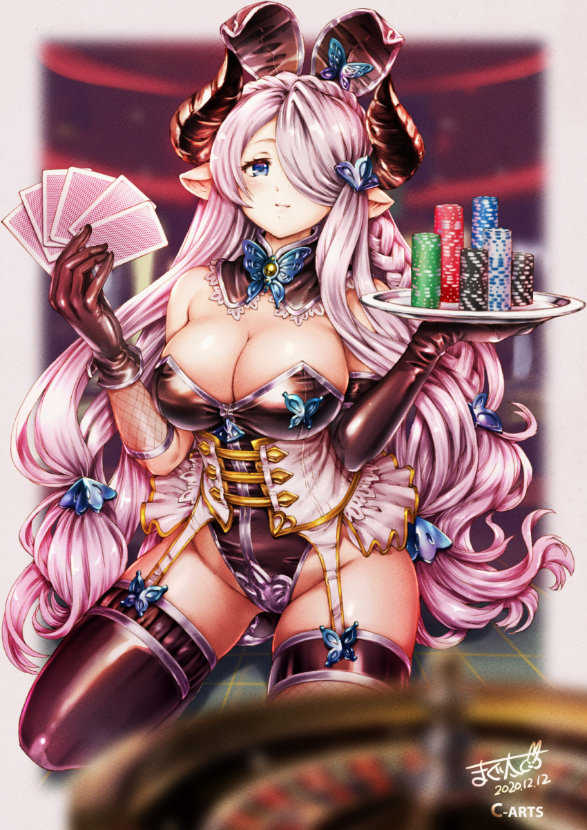 1girl asymmetrical_legwear ballpoint_pen_(medium) black_gloves black_thighhighs blue_eyes breasts card cleavage closed_mouth commentary_request dated draph elbow_gloves fishnet_thighhighs fishnets garter_straps gloves granblue_fantasy hair_ornament hair_over_one_eye highres holding holding_card horns large_breasts leotard long_hair looking_at_viewer maguta narmaya_(granblue_fantasy) pen_(medium) playboy_bunny pointy_ears purple_hair roulette_table signature solo table thighhighs traditional_media uneven_legwear very_long_hair