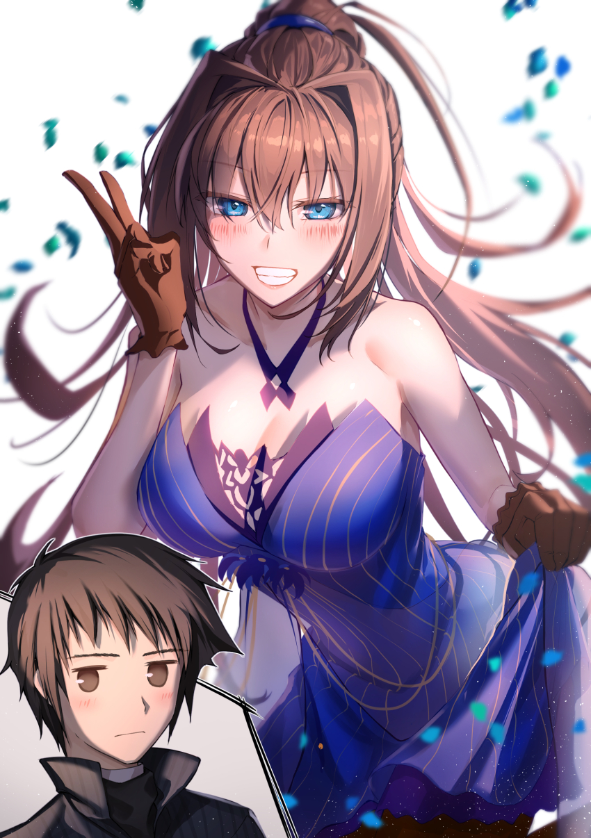 1boy 1girl absurdres aozaki_aoko bare_shoulders black_gloves blue_dress blue_eyes blurry blurry_background breasts brown_hair clothes_lift cowboy_shot dress dress_lift gloves high_ponytail highres large_breasts long_hair mahou_tsukai_no_yoru petals ponytail shizuki_soujuurou simple_background strapless strapless_dress toomishou v white_background