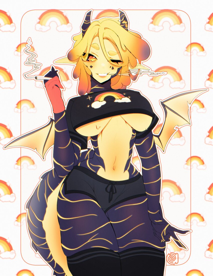 1girl absurdres alfyria alfyria_(vtuber) black_horns black_sclera black_shirt black_shorts black_thighhighs blonde_hair breasts cigarette colored_sclera colored_tips cropped_shirt dragon_girl dragon_tail dragon_wings hair_between_eyes highres holding holding_cigarette horns indie_virtual_youtuber multicolored_hair navel one_eye_closed orange_eyes pointy_ears purple_hair shirt shorts smoke solo tail thighhighs virtual_youtuber wings yellow_wings