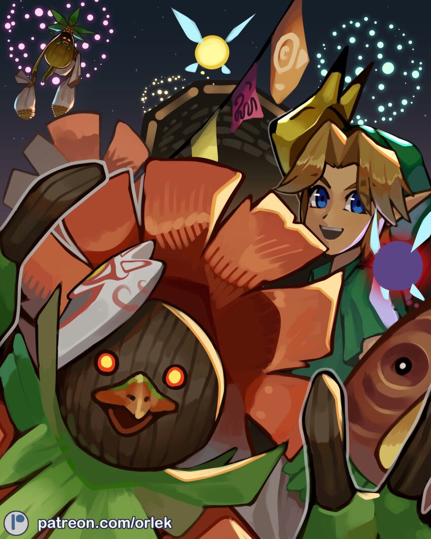 2boys absurdres beak blonde_hair blue_eyes business_scrub deku_scrub facing_viewer fairy fingerless_gloves fireworks gloves glowing glowing_eyes hat highres keaton_mask link looking_at_viewer mask mask_of_truth mask_on_head multiple_boys nintendo open_mouth orange_eyes orlek pennant pointy_ears skull_kid smile tael tatl the_legend_of_zelda the_legend_of_zelda:_majora&#039;s_mask tunic upper_body