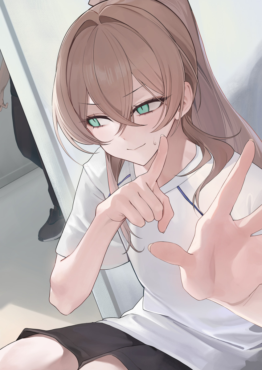 1boy 1other absurdres black_pants black_shorts brown_hair commentary_request crossed_bangs green_eyes gym_uniform highres indoors locker locker_room long_hair looking_to_the_side original outstretched_hand pants ponytail shirt shorts shun_en sitting sweat trap white_shirt zurui_ninjin