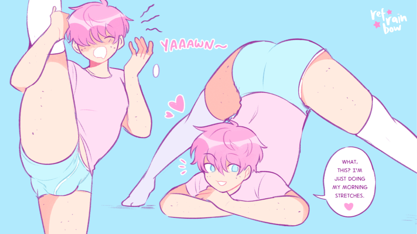 1boy arched_back ass blue_background blue_eyes body_freckles short_shorts bulge english_text facing_viewer freckles highres jack-o&#039;_challenge leg_lift looking_at_viewer male_focus pink_hair refrainbow short_hair simple_background speech_bubble split standing standing_on_one_leg standing_split thick_thighs thighhighs thighs top-down_bottom-up trap underwear white_thighhighs yawning yoga