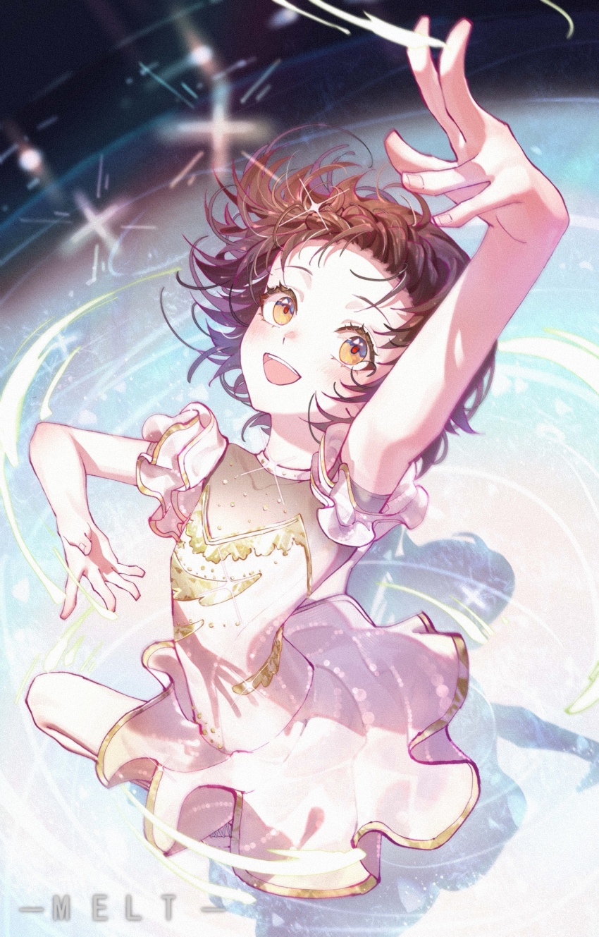 1girl blush brown_eyes brown_hair child dress figure_skating figure_skating_dress highres looking_at_viewer medalist_(manga) meirong open_mouth outstretched_arm outstretched_arms short_hair short_sleeves smile solo spread_arms white_dress yuitsuka_inori