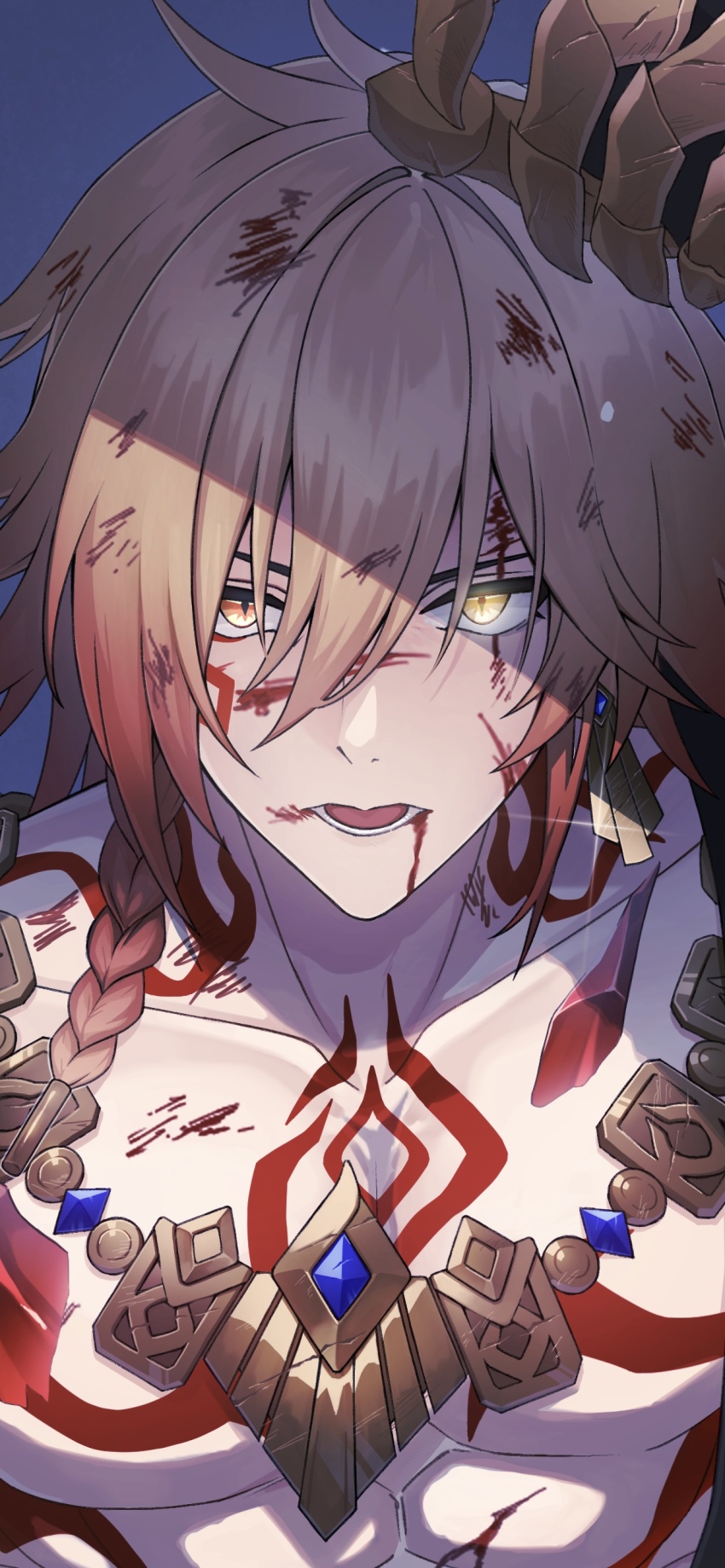 1boy abs absurdres blonde_hair blood blood_from_mouth blood_on_face braid chest_tattoo commentary_request earrings facial_tattoo gold_earrings gold_necklace gradient_hair hair_between_eyes highres honkai:_star_rail honkai_(series) injury jewelry looking_at_viewer male_focus medium_hair multicolored_hair mydei_(honkai:_star_rail) necklace red_hair red_tattoo side_braid solo tattoo toned toned_male upper_body user_sfdc4438 yellow_eyes