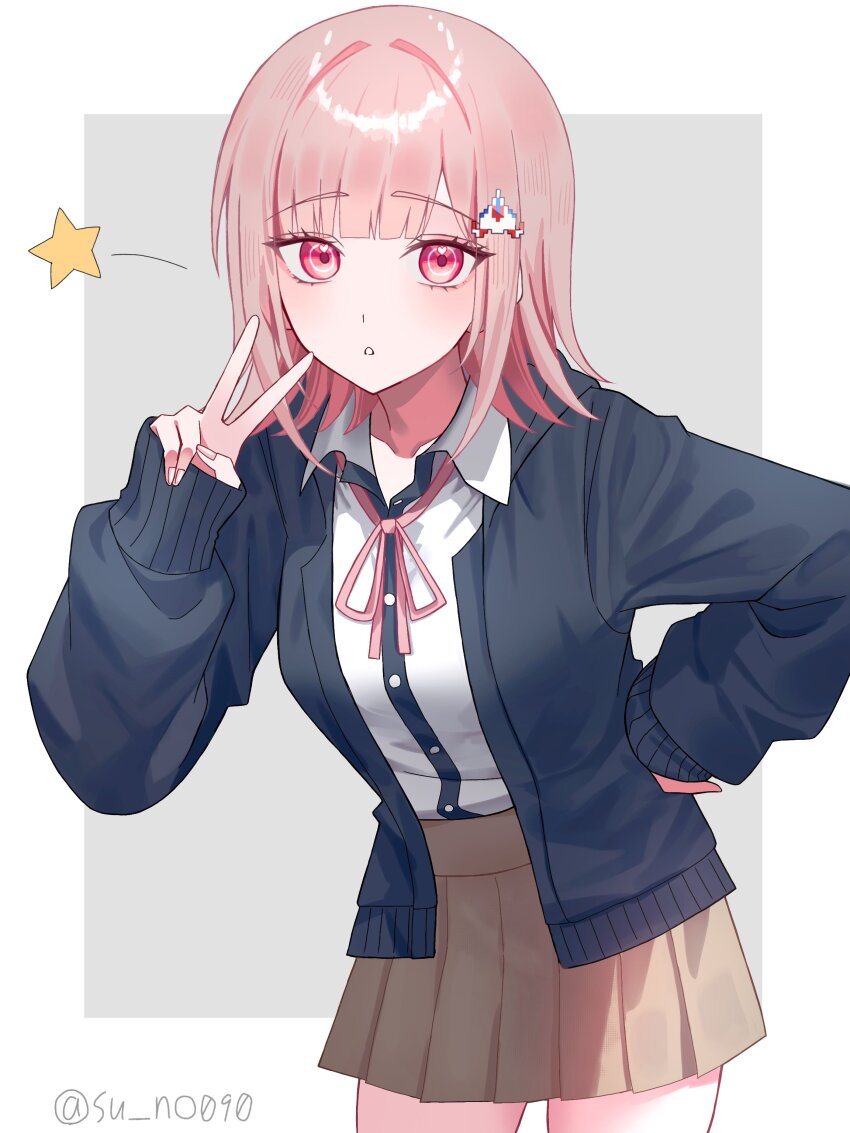 1girl absurdres black_jacket border breasts brown_hair brown_skirt collared_shirt commentary danganronpa_(series) danganronpa_2:_goodbye_despair flipped_hair galaga grey_background hair_ornament hand_on_own_hip highres hood jacket long_sleeves looking_at_viewer medium_hair nanami_chiaki neck_ribbon open_clothes open_jacket parted_lips pink_eyes pink_ribbon pleated_skirt ribbon shirt shirt_tucked_in skirt solo spaceship_hair_ornament star_(symbol) su_no_(su_no090) v white_border white_shirt