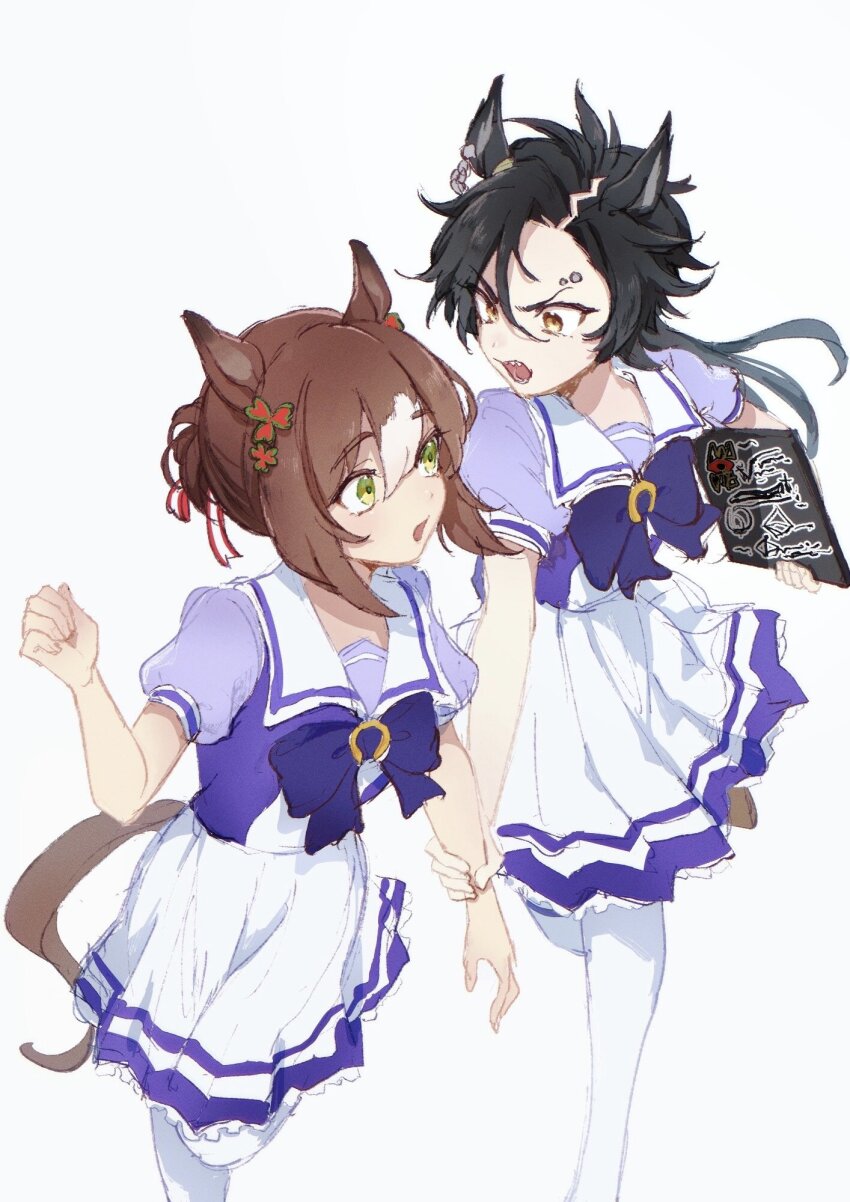 2girls air_shakur_(umamusume) animal_ears asymmetrical_bangs black_hair bow bowtie brown_hair clover computer eyebrow_piercing fine_motion_(umamusume) grabbing_another&#039;s_arm green_eyes hair_bun highres holding holding_laptop horse_ears horse_girl horse_tail laptop long_hair looking_at_another multiple_girls open_mouth piercing puffy_short_sleeves puffy_sleeves purple_shirt running sailor_collar school_uniform sekiyu_inu sharp_teeth shirt short_hair short_sleeves simple_background skirt tail teeth thighhighs tracen_school_uniform umamusume v-shaped_eyebrows white_background white_skirt white_thighhighs yellow_eyes