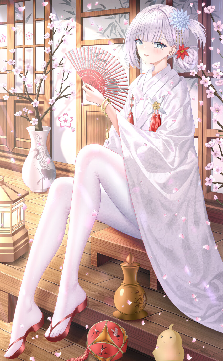 1girl absurdres azur_lane ball bride cherry_blossoms crane_print folding_fan hair_bun hair_ornament hand_fan highres holding holding_fan japanese_clothes kanzashi kimono manjuu_(azur_lane) mole mole_under_eye one_side_up pantyhose shoukaku_(azur_lane) shoukaku_(white_crane_of_domestic_bliss)_(azur_lane) sliding_doors temari_ball tina_(tinafya) uchikake vase wedding white_hair white_kimono white_pantyhose