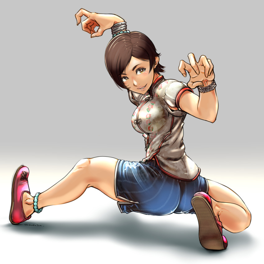1girl alternate_costume anklet ass bracelet breasts brown_eyes brown_hair chinese_clothes eileen highres jewelry koda1ra large_breasts legs looking_back martial_arts official_alternate_costume sega shiny_skin short_hair shorts smile thick_thighs thighs very_short_hair virtua_fighter virtua_fighter_5
