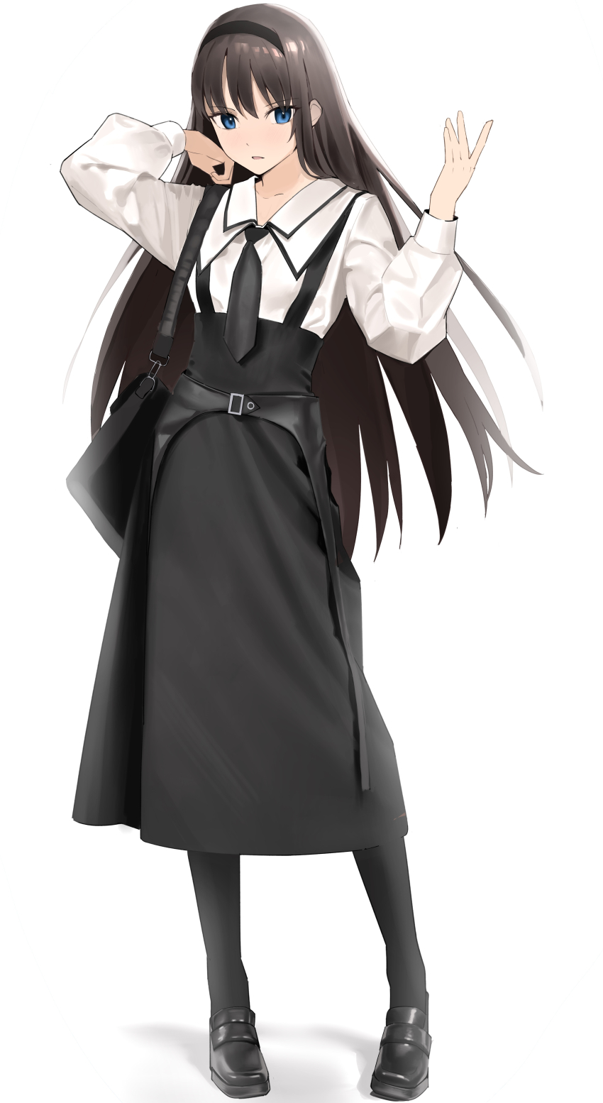1girl absurdres alternate_costume bag black_bag black_hair black_hairband black_necktie black_pantyhose blue_eyes collared_shirt commentary_request full_body hairband handbag high-waist_skirt highres long_hair long_sleeves looking_at_viewer mixed-language_commentary necktie o_taku pantyhose shadow shirt shoes simple_background skirt solo tohno_akiha tsukihime tsukihime_(remake) white_background white_shirt