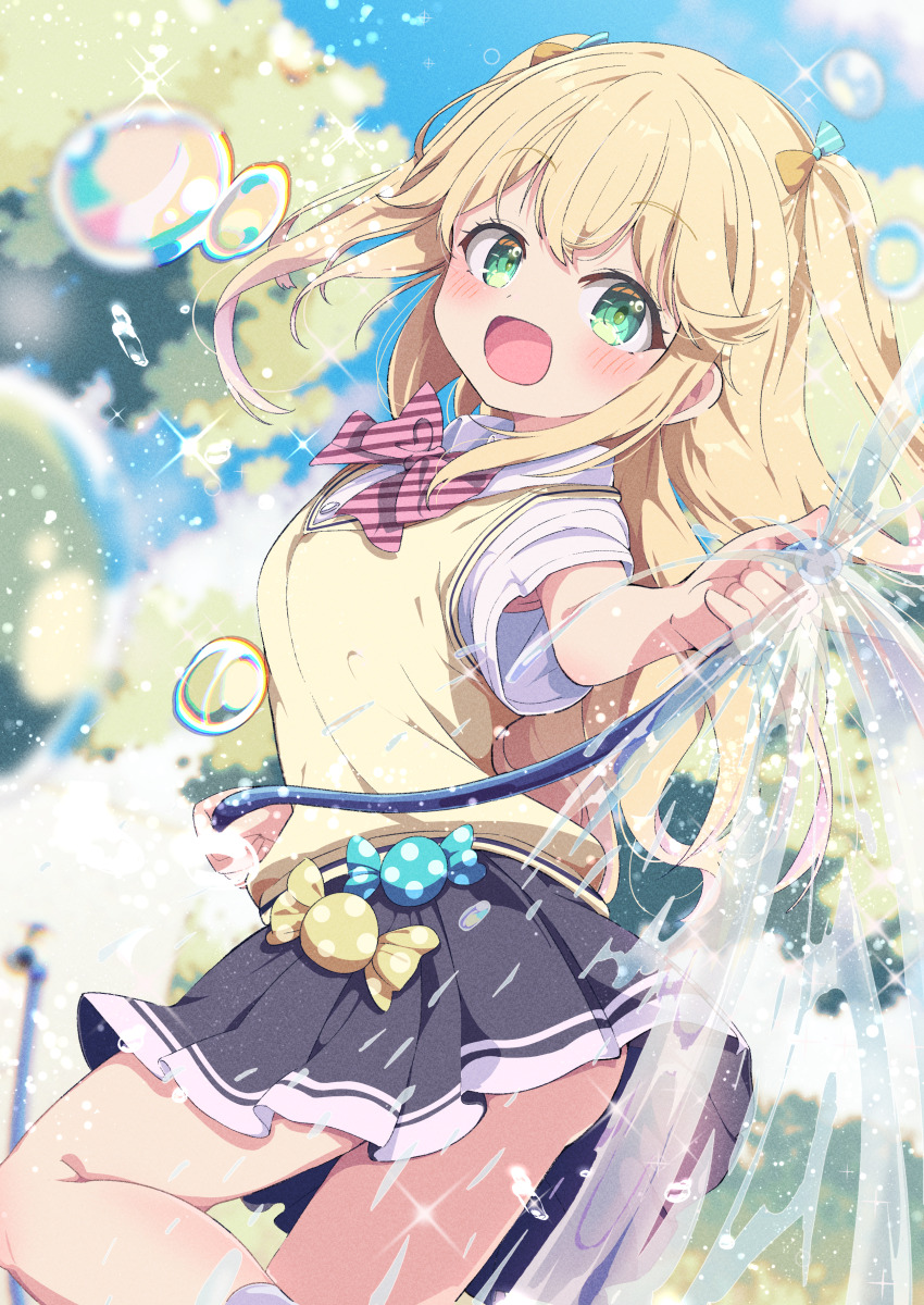 1girl :d absurdres black_skirt blonde_hair blue_sky blurry blurry_background blush bow breasts collared_shirt commission day depth_of_field diagonal-striped_bow fujisawa_yuzu green_eyes hair_between_eyes hair_bow highres holding holding_hose hose long_hair looking_at_viewer ongeki open_mouth outdoors pink_bow plaid_bow pleated_skirt red_bow school_uniform shiro9jira shirt short_sleeves skeb_commission skirt sky small_breasts smile socks solo standing standing_on_one_leg striped_bow sweater_vest two_side_up very_long_hair water water_drop white_shirt white_socks