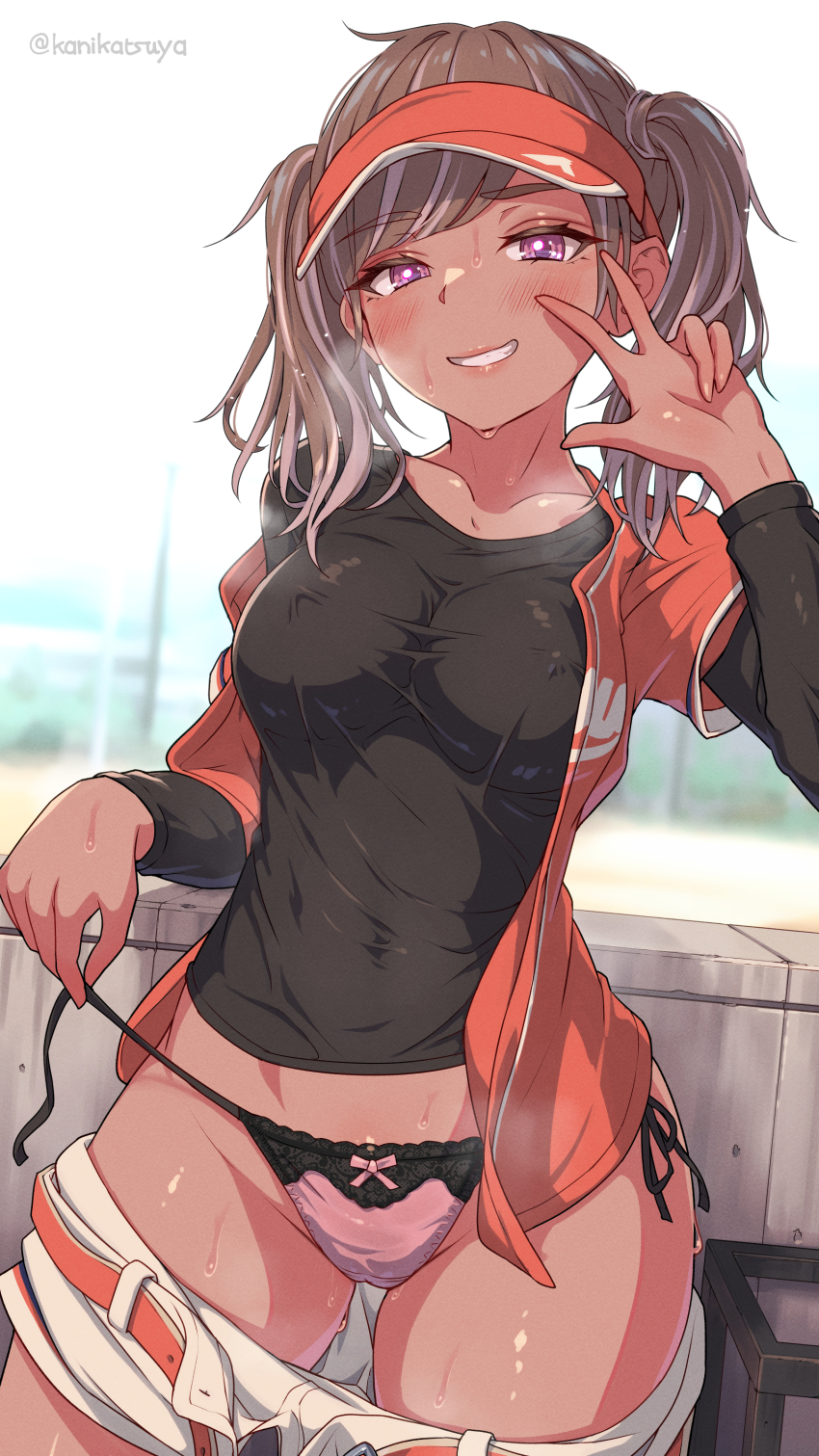 1girl absurdres belt belted_shorts black_panties blurry blurry_background blush bow bow_panties breasts brown_hair clothes_pull collarbone covered_erect_nipples covered_navel cowboy_shot grin hair_behind_ear highres kanikatsuya long_sleeves looking_at_viewer no_bra orange_belt original panties pink_panties purple_eyes shorts shorts_pull side-tie_panties smile solo standing sweat thighs twintails underwear v visor_cap white_shorts