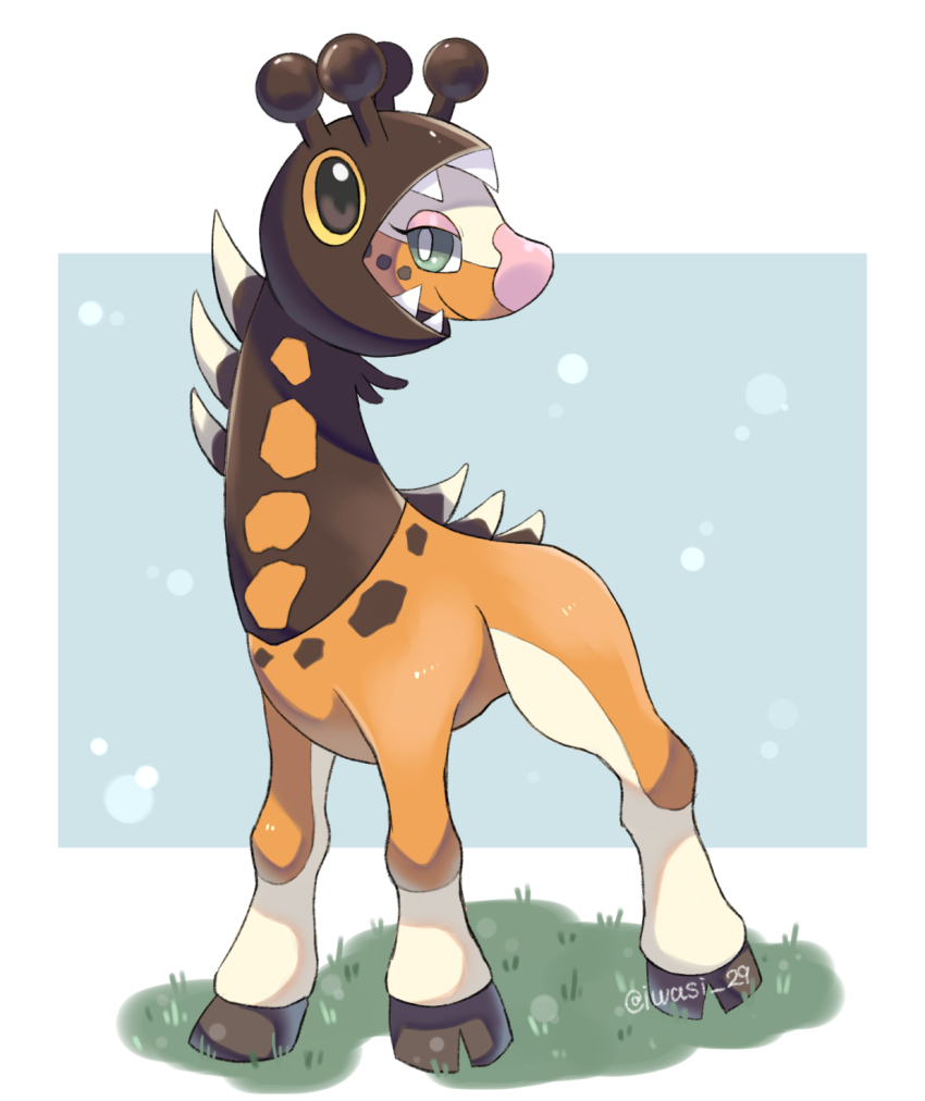 animal_focus artist_name blue_background bright_pupils closed_mouth commentary_request farigiraf green_eyes highres hooves iwasi_29 nintendo no_humans on_grass pokemon pokemon_(creature) smile twitter_username two-tone_background white_background
