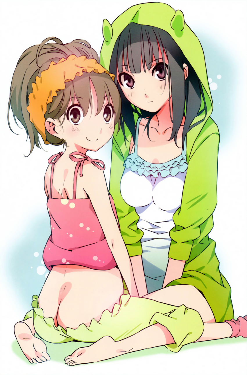 2girls absurdres ass barefoot black_hair brown_eyes brown_hair butt_crack camisole clothes_pull feet flat_chest highres hood hoodie looking_at_viewer looking_back memories_off memories_off_yubikiri_no_kioku morii_shizuki multiple_girls nagumo_kasumi orihime_hoshitsuki pants pants_pull scan sitting smile socks wariza