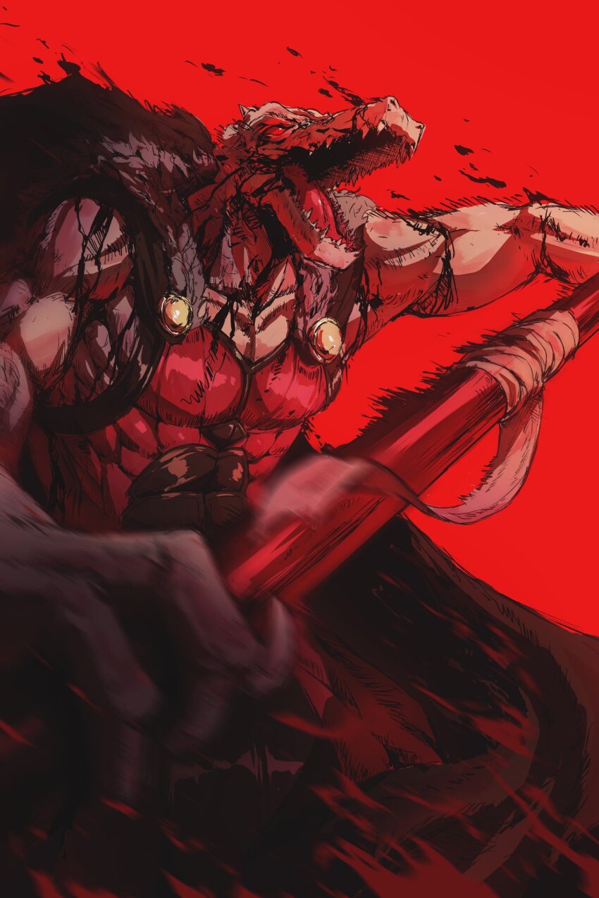 1boy armor biceps black_cape black_sclera bleeding blood blood_on_arm blood_on_face blood_on_mouth cape colored_sclera eyeshadow fur-trimmed_cape fur_trim head_spikes highres holding holding_polearm holding_weapon incoming_attack kapxapius lizardman makeup male_focus motion_blur motion_lines original pectorals polearm rak_wraithraiser red_background red_eyes shadow sharp_teeth solo spear teeth tongue tower_of_god weapon