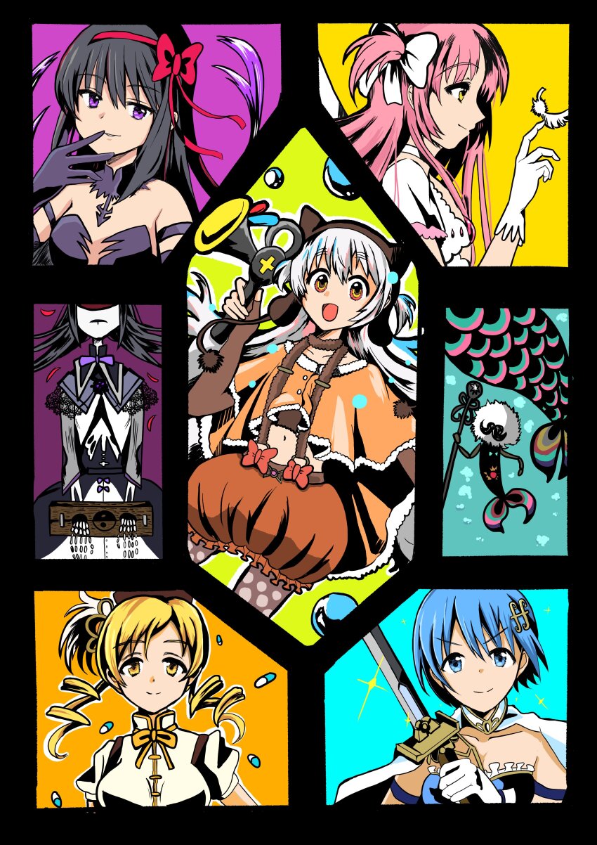 5girls absurdres akemi_homura akuma_homura falling_feathers feathers headband highres homulilly kaname_madoka looking_at_object looking_at_viewer looking_to_the_side magical_girl mahou_shoujo_madoka_magica mahou_shoujo_madoka_magica:_hangyaku_no_monogatari miki_sayaka miki_sayaka_(magical_girl) momoe_nagisa momoe_nagisa_(magical_girl) multiple_girls oktavia_von_seckendorff open_mouth pill red_headband tomoe_mami tomoe_mami_(magical_girl) ultimate_madoka witch yamai_(fjeopswvjrrpwmf)