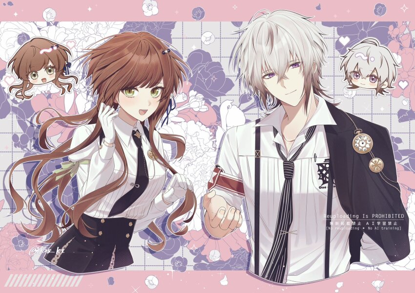1boy 1girl armband black_jacket black_necktie border brown_hair closed_mouth collar_x_malice collared_shirt cropped_torso drop_shadow flower gloves green_eyes hand_up highres hoshino_ichika_(collar_x_malice) jacket kou_(k2s_ki) long_hair looking_at_viewer nail_polish necktie okazaki_kei open_mouth outline pink_background purple_eyes shirt short_hair sidelocks simple_background single_off_shoulder smile striped_clothes vertical-striped_clothes vertical-striped_necktie wavy_hair white_background white_gloves white_hair white_shirt