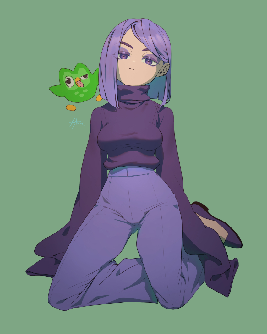 1girl absurdres bird duo_(duolingo) duolingo eyeshadow green_background highres iskimxk lily_(duolingo) makeup owl pants purple_eyes purple_eyeshadow purple_hair purple_pants purple_sweater sleeves_past_fingers sleeves_past_wrists sweater turtleneck turtleneck_sweater