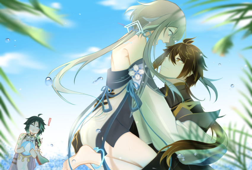 ! 1girl 2boys absurdres bare_shoulders barefoot black_hair blank_eyes blue_eyes blurry blurry_foreground brown_hair carrying carrying_person chinese_clothes chinese_hairpin cloud detached_sleeves dress embarrassed eyeshadow face-to-face genshin_impact grey_hair guizhong_(genshin_impact) hair_between_eyes hair_ornament halter_leotard halterneck hand_on_another&#039;s_ass hand_on_another&#039;s_back hanfu highres leotard long_hair long_sleeves looking_at_another low_ponytail makeup mandarin_collar multiple_boys official_alternate_costume open_mouth outdoors ponytail qing841679 red_eyeshadow sky sleeves_past_fingers sleeves_past_wrists tassel tassel_hair_ornament white_dress wide_sleeves xiao_(genshin_impact) yellow_eyes zhongli_(genshin_impact) zhongli_(lantern_rite)_(genshin_impact)