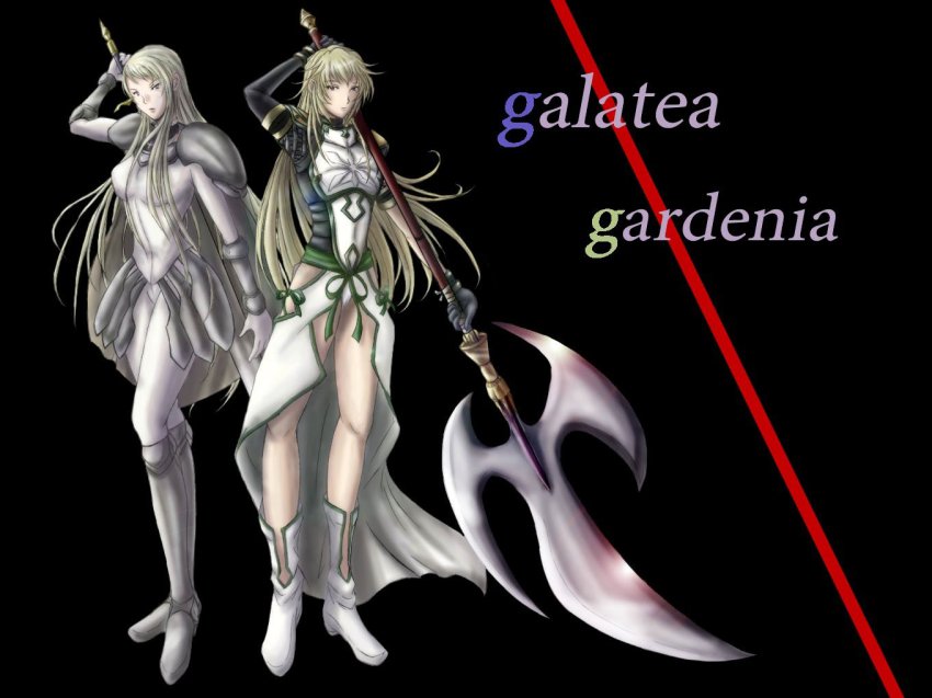 .hack// .hack//games 00s 2girls armor azu_(warehouse86) bad_id bad_pixiv_id bandai blonde_hair claymore_(series) claymore_(sword) crossover cyber_connect_2 galatea gardenia gardenia_(.hack//) huge_weapon long_hair multiple_girls polearm sword weapon