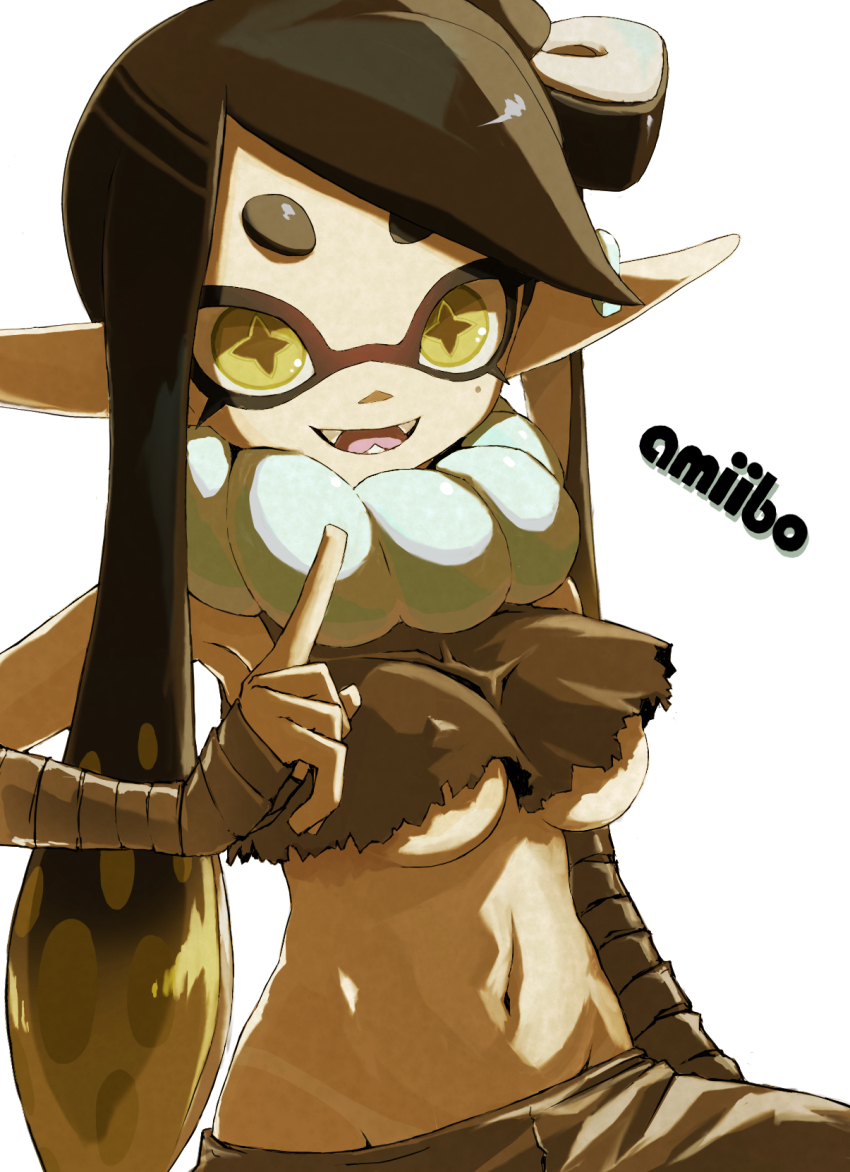 1girl :d agent_3_(splatoon_3) agent_3_(splatoon_3)_(cosplay) amiibo arm_at_side bandaged_arm bandages bikini_tan black_hair blonde_hair bow-shaped_hair breasts brown_pants brown_pupils brown_shirt callie_(splatoon) choker commentary_request cosplay covered_erect_nipples earpiece fangs gradient_hair groin hideyoshi_(swliyhbpe9xqqze) highres inkling long_hair long_pointy_ears lowleg lowleg_pants mole mole_under_eye multicolored_hair navel nintendo open_mouth pants pointing pointing_at_self pointy_ears shirt simple_background sleeveless sleeveless_shirt smile solo splatoon_(series) splatoon_3 star-shaped_pupils star_(symbol) stomach swept_bangs symbol-shaped_pupils tan tanline tentacle_hair thick_eyebrows torn_clothes torn_shirt twintails two-tone_hair underboob white_background white_choker yellow_eyes