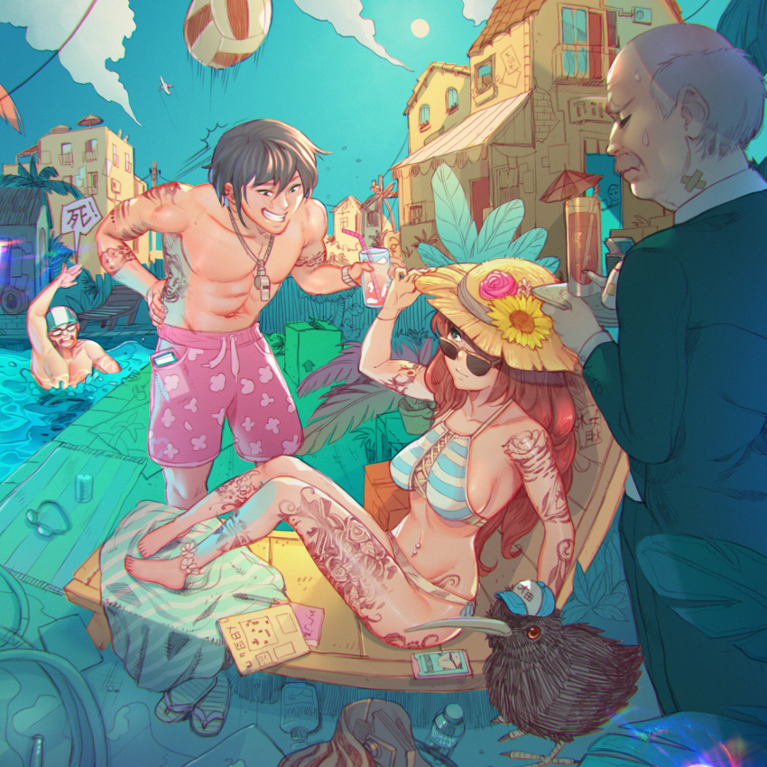 1girl 3boys arm_tattoo artist_name balding bandaid bandaid_on_neck barefoot bikini bird black_suit blue_bikini blue_sky bottle brown_hair building bush can cellphone chest_tattoo closed_mouth cloud cocktail_umbrella commentary cross-laced_clothes cross-laced_top cup dated deck_chair drink drink_can drinking_glass drinking_straw english_commentary facial_hair fence flower flower_anklet formal_clothes goggles grey_hair grey_ribbon grin hat hat_flower hat_ribbon highres holding holding_drink holding_tray hose kiwi_(bird) leg_tattoo long_hair looking_over_eyewear lotion multiple_boys mustache navel_piercing notepad original outdoors palm_tree partially_submerged pen phone phone_in_pocket piercing pink_flower pink_rose pink_swim_trunks plant pool potted_plant power_lines red_hair ribbon rose sandals short_hair shouting simz sky smartphone smile soda_can straw_hat striped_bikini striped_clothes suit sunflower sunglasses sunscreen sweatdrop swim_cap swim_goggles swimsuit tattoo teapot topless_male towel tray tree unworn_goggles unworn_sandals utility_pole volleyball water_bottle whistle whistle_around_neck white_bikini wooden_fence