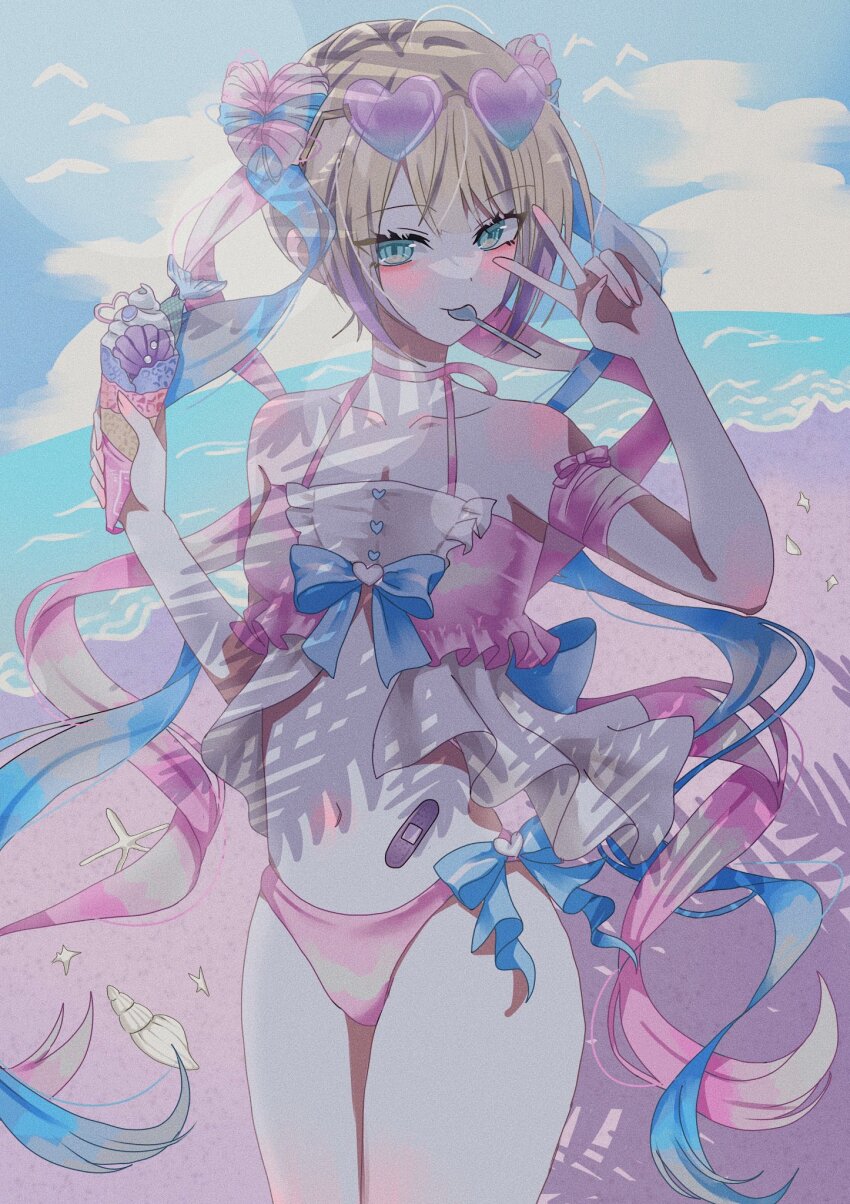 1girl bandaged_arm bandages bandaid_on_stomach beach bikini blonde_hair blue_eyes blue_hair blue_sky blush chest_bow chouzetsusaikawa_tenshi-chan cloud cloudy_sky colored_tips cowboy_shot dappled_sunlight eyewear_on_head fern food hands_up heart heart-shaped_eyewear highres holding holding_food holding_ice_cream ice_cream looking_at_viewer multicolored_hair needy_girl_overdose pink_hair quad_tails reno_(re_leno) seashell shade shell sky spaghetti_strap starfish sunlight swimsuit utensil_in_mouth v water