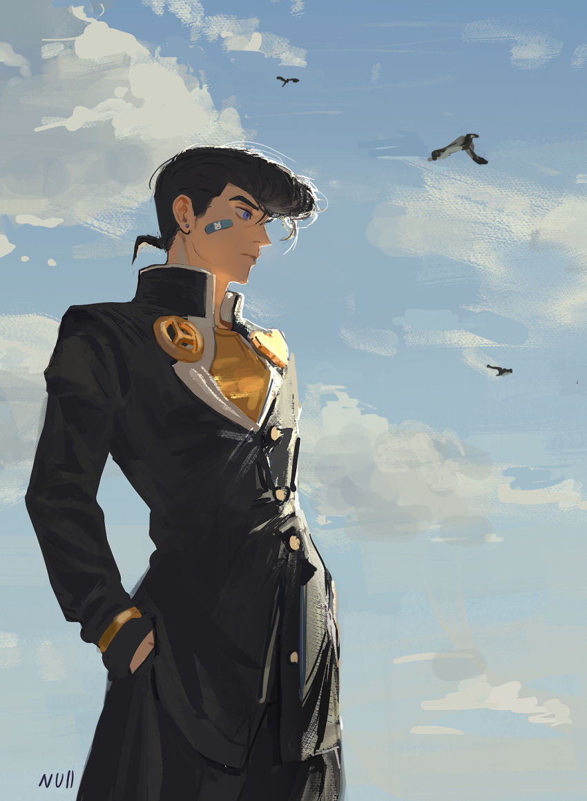 1boy bird black_hair black_jacket black_pants blue_eyes buttons cloud commentary cowboy_shot diamond_wa_kudakenai earrings hand_in_pocket heart higashikata_josuke highres jacket jewelry jojo_no_kimyou_na_bouken male_focus null_(skev7724) pants peace_symbol profile school_uniform shirt sky solo stud_earrings yellow_shirt