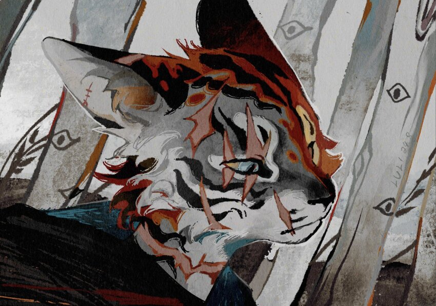 1boy animal_ear_fluff black_hoodie blue_eyes closed_mouth colored_sclera dated furry grey_background grey_fur highres hood hoodie luli_(crocowolf333) male_focus multiple_scars original portrait red_fur scar scar_on_face scar_on_neck slit_pupils tiger_boy tiger_stripes tree yellow_sclera