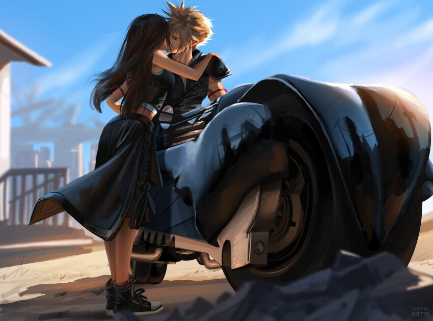 1boy 1girl absurdres apron arm_ribbon bare_shoulders black_apron black_footwear black_hair black_shorts black_vest blonde_hair blue_sky building closed_eyes cloud cloud_strife cloudy_sky commentary couple crop_top earrings english_commentary final_fantasy final_fantasy_vii final_fantasy_vii_advent_children full_body hand_on_another&#039;s_shoulder hetero highres jewelry kiss long_hair midriff_peek motor_vehicle motorcycle on_motorcycle outdoors popped_collar red_ribbon ribbon safaia shirt shorts single_shoulder_pad sky sleeveless sleeveless_shirt spiked_hair standing stud_earrings tank_top tifa_lockhart vest waist_apron white_tank_top zipper
