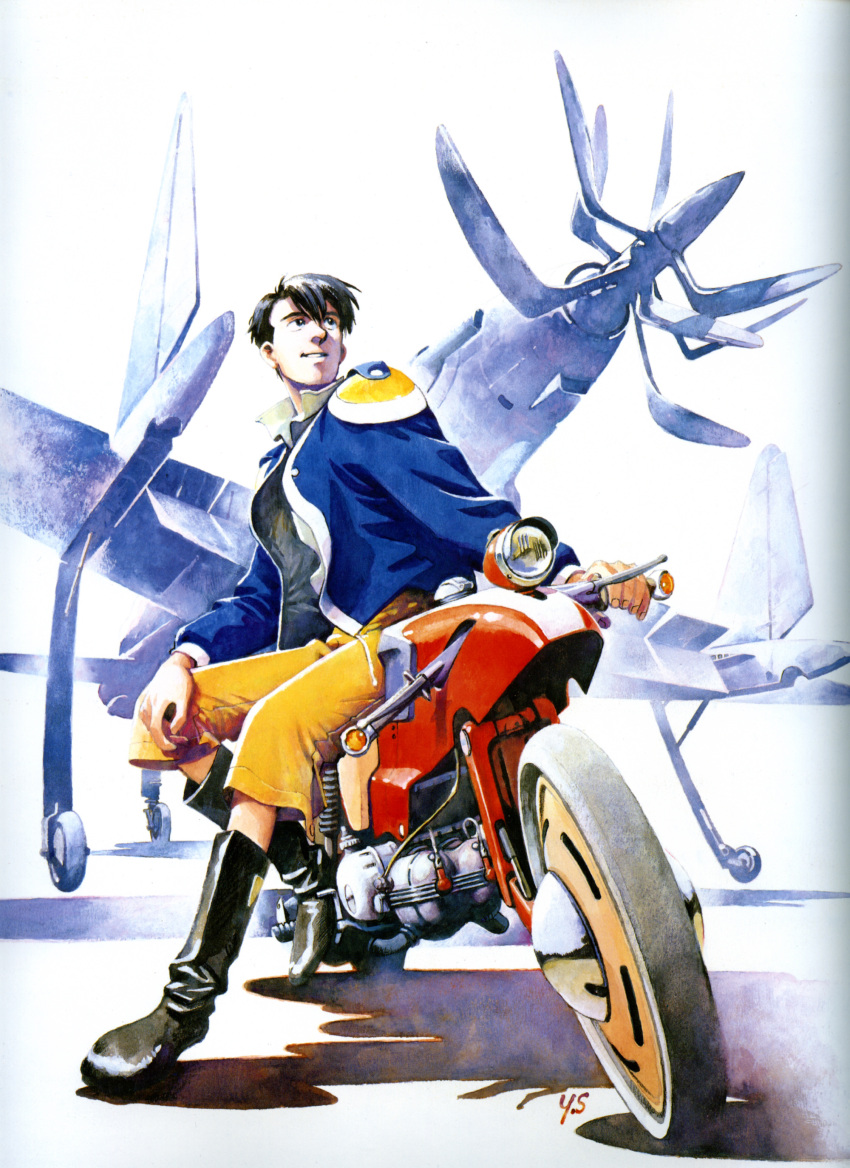1boy absurdres aircraft airplane black_hair boots highres honneamise_no_tsubasa male_focus motor_vehicle motorcycle official_art sadamoto_yoshiyuki shirotsugh_lhadatt sitting solo vehicle white_background