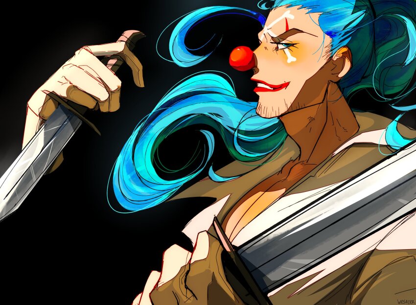 1boy beard_stubble black_background blue_eyes blue_hair buggy_the_clown commentary english_commentary facial_hair gloves highres holding holding_knife knife makeup male_focus one_piece ponytail profile red_nose shirt simple_background smile solo stubble upper_body wesaier white_shirt