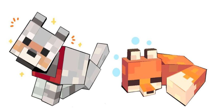 ache13337003 animal animal_focus black_eyes bubble closed_eyes collar curled_up dog excited fox fox_(minecraft) full_body grey_fur head_tilt looking_at_viewer minecraft minecraft_(style) no_humans official_style orange_fur red_collar sitting sleeping sparkle tail white_background wolf wolf_(minecraft)