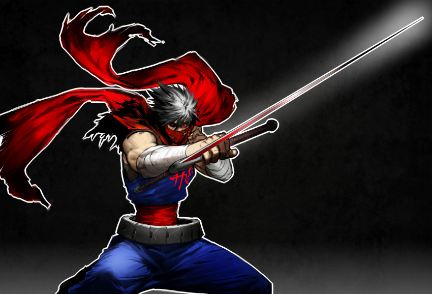 1boy highres holding holding_sword holding_weapon kasei_yukimitsu looking_at_viewer male_focus mask mouth_mask ninja red_eyes red_scarf scarf short_hair solo strider_(video_game) strider_hiryuu sword weapon